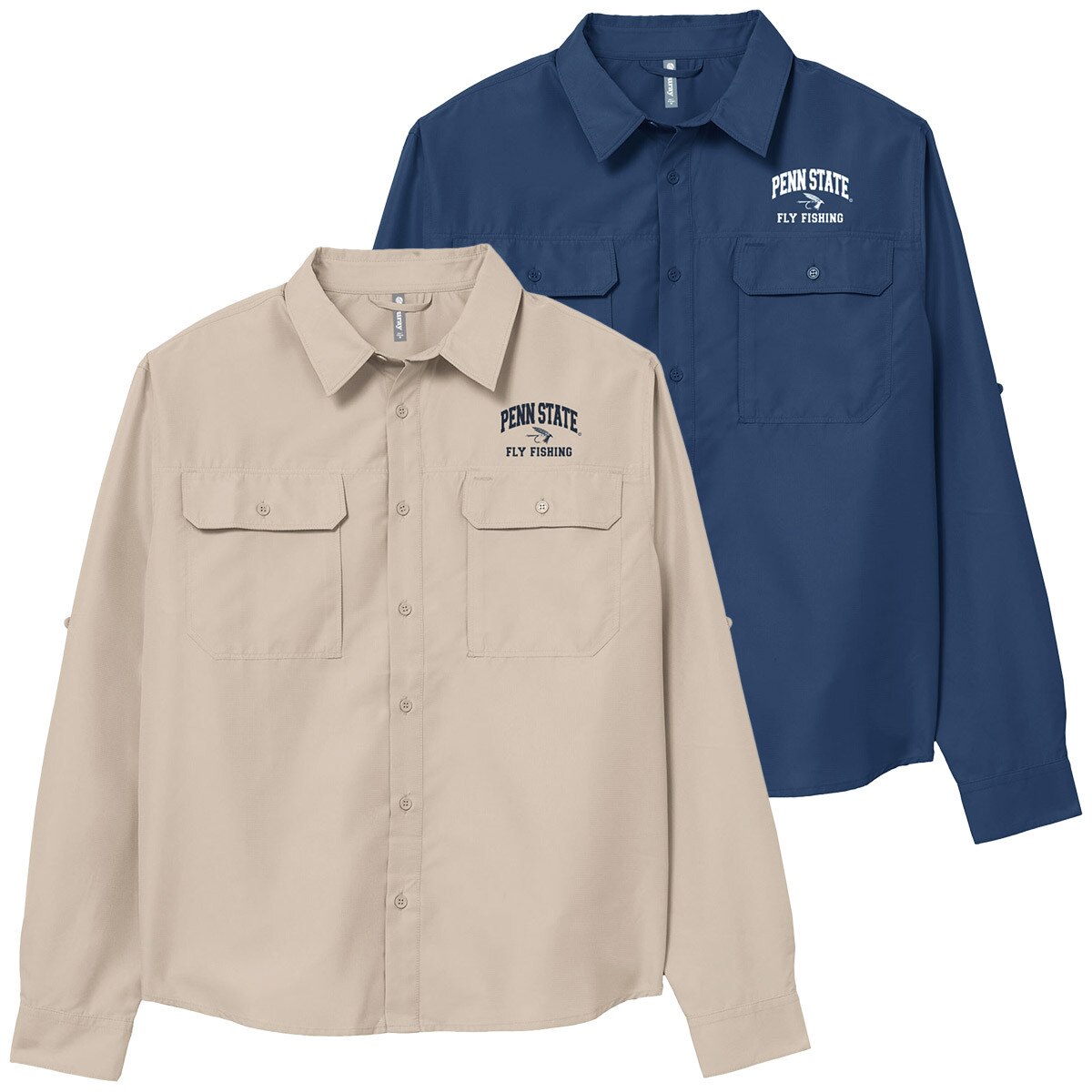 khaki and navy blue long sleeve shirts with Penn State Fly Fishing on left chest